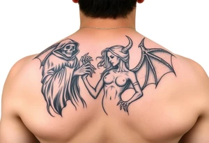 Grim reaper protecting female demon tattoo idea