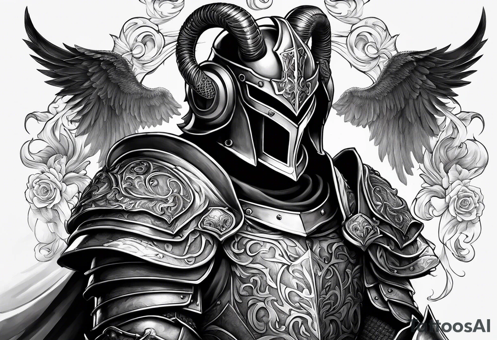 knight figure, ram's horns, angel's wings tattoo idea