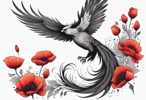 elongated phoenix in flight 
in profile long tail with claws holding poppies falling tattoo idea