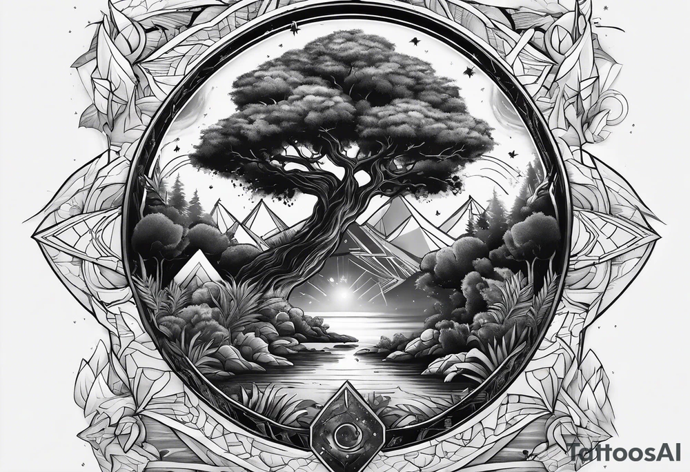 jungle vs space with yggdrassil in triangle tattoo idea