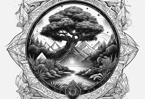 jungle vs space with yggdrassil in triangle tattoo idea