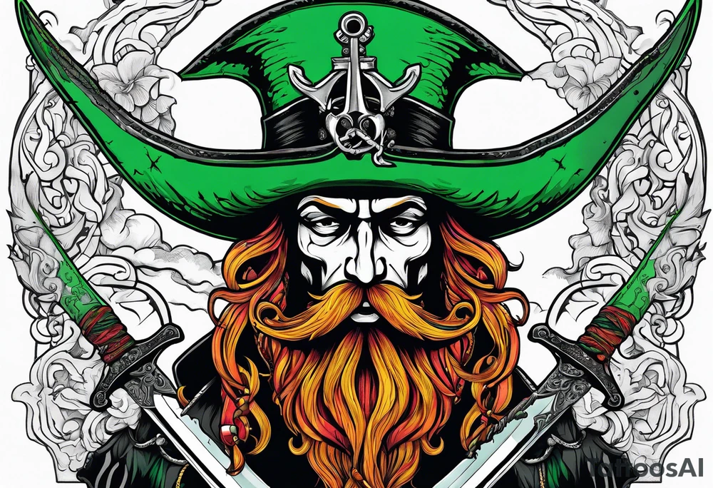 green pirate squid holding bloody sword and anchor, black hat, beard tattoo idea
