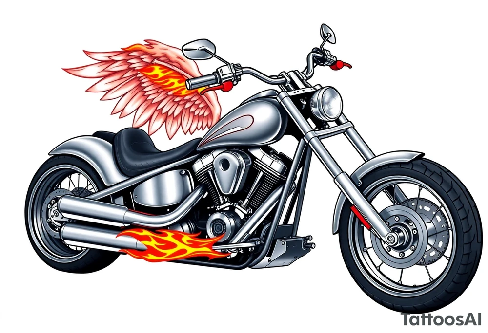 Low rider grey motorcycle, big muffler pipes with flames, angel wings, driving away, no person tattoo idea