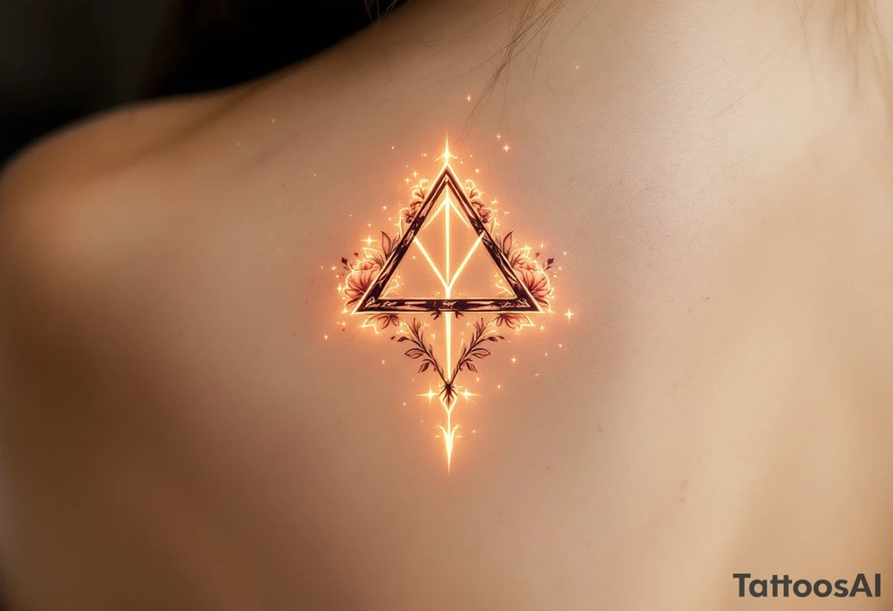 A mystical rune glowing softly with golden light, surrounded by a faint magical aura. The symbol itself is engraved with sharp, symmetrical lines, and small roses wrap around the edges. The tattoo evokes timeless love, with deep red accents and delicate glowing stars scattered around it. tattoo idea