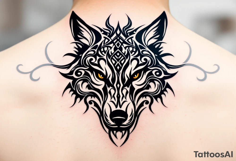 Celtic Tribal Wolf Head – Stylized wolf head formed from intricate black and dark gray Celtic knots, facing forward with piercing amber eyes. tattoo idea
