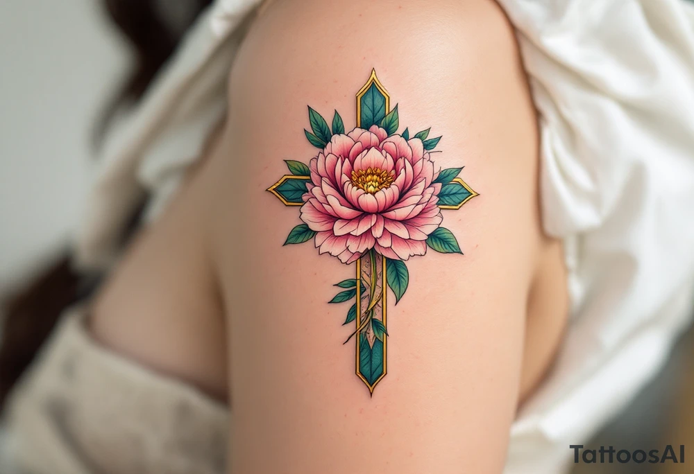 Lada's Symbol — A symmetrical floral cross in soft rose pink and leafy green, resembling a blooming peony, surrounded by a golden halo of light accompanied by a person of Lada the goddess. tattoo idea