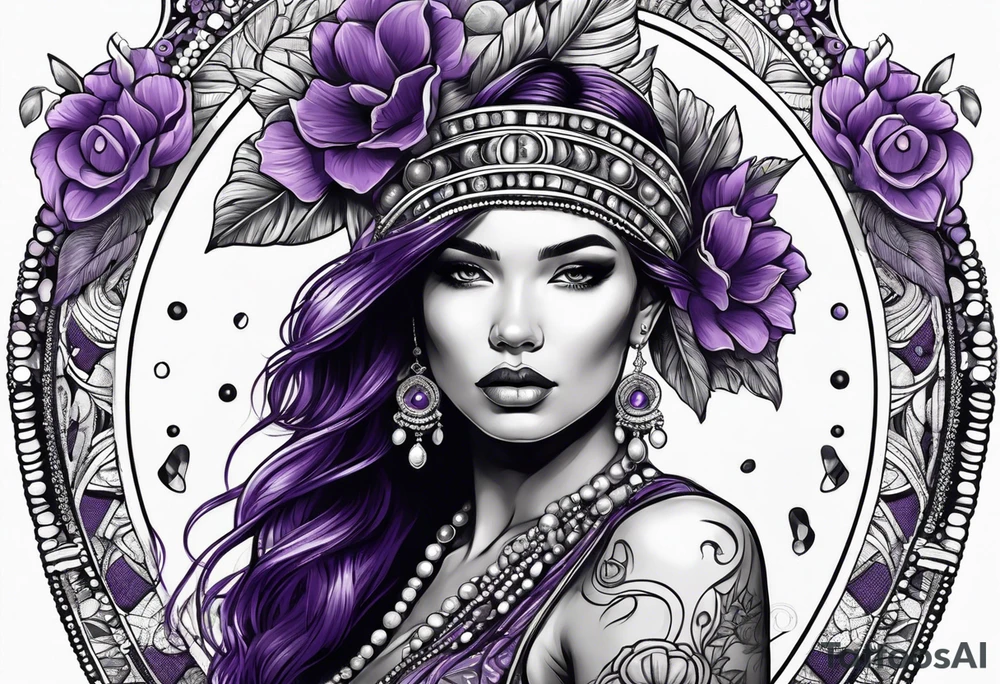 woman with bead headband show the whole body, standing next to a purple buffalo standing tattoo idea