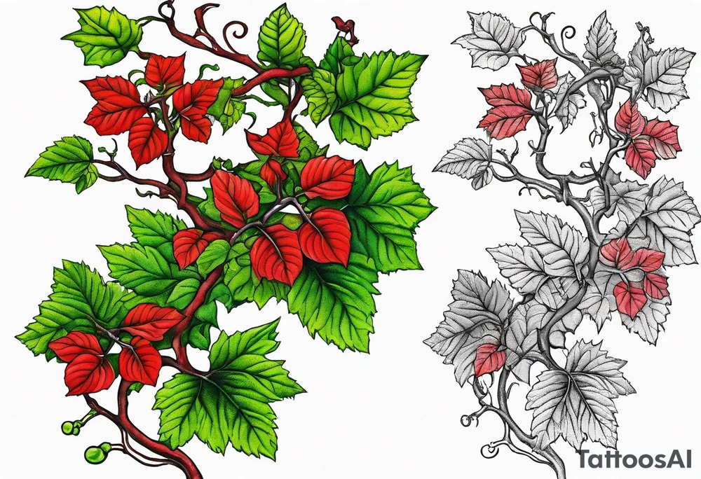 Poison oak vines with red a green coloration to wrap around leg and hips tattoo idea