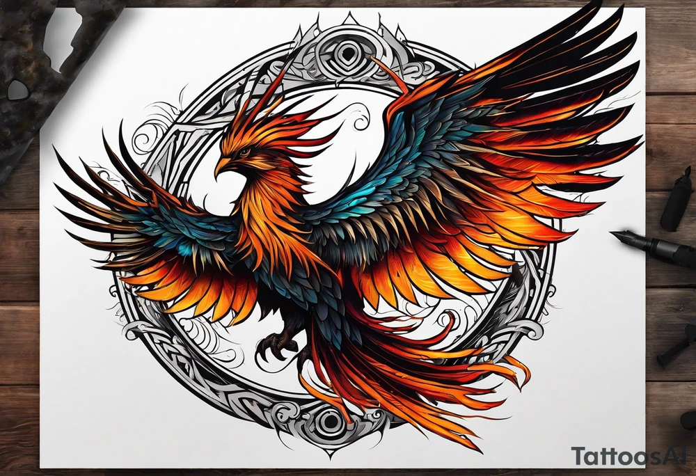 Tattoo: A powerful, majestic phoenix, depicted mid-flight or rising, with wings extended and feathers flowing. Deep shading and intricate details to bring out the texture and motion of the feathers. tattoo idea