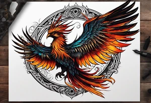 Tattoo: A powerful, majestic phoenix, depicted mid-flight or rising, with wings extended and feathers flowing. Deep shading and intricate details to bring out the texture and motion of the feathers. tattoo idea