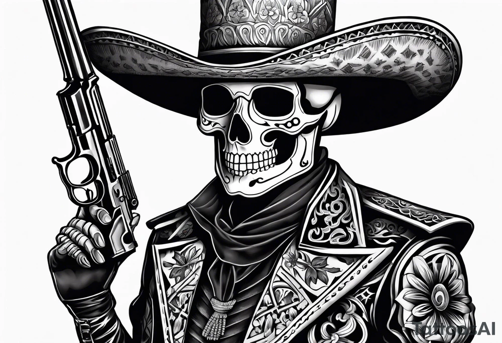 Skeleton charro holding pistols tattoo idea