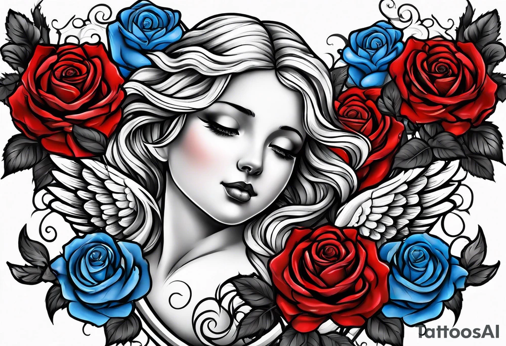 Angel Colored blue and red roses tattoo idea