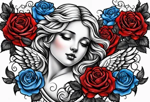 Angel Colored blue and red roses tattoo idea