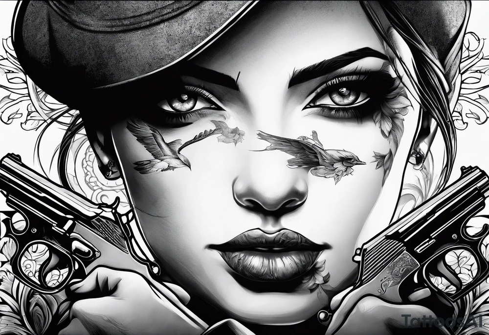 In the reflection of a eye two black siloets of people holding guns one man dead on the ground with a wounded woman standing behind him tattoo idea