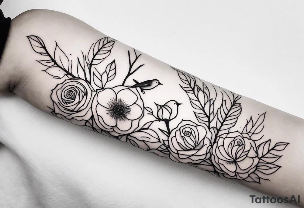Forearm sleeve, incorporate Filipino markings, birds, trees, roses tattoo idea