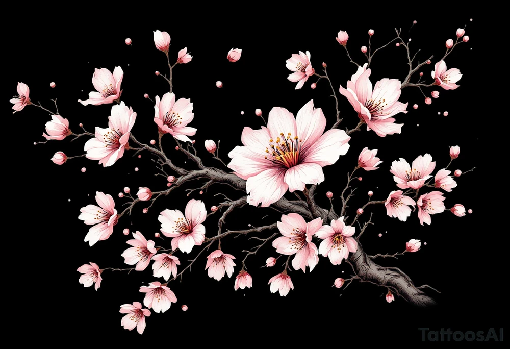 Cherry Blossom with Kanji – A few soft pink blossoms and brown branches, surrounding a black Kanji symbol representing “love,” “strength,” or “rebirth.” tattoo idea