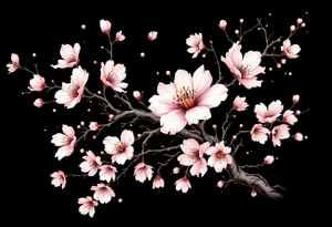 Cherry Blossom with Kanji – A few soft pink blossoms and brown branches, surrounding a black Kanji symbol representing “love,” “strength,” or “rebirth.” tattoo idea