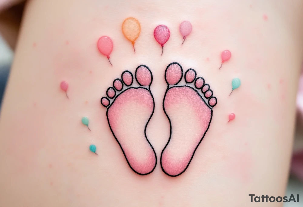 Soft pink and mint footprints of Benedikt, encircled by small balloons to symbolize the joy he brings to everyone around him. tattoo idea