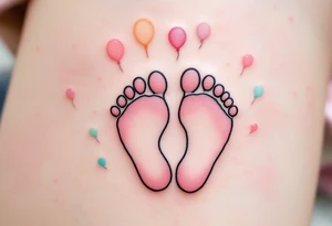 Soft pink and mint footprints of Benedikt, encircled by small balloons to symbolize the joy he brings to everyone around him. tattoo idea