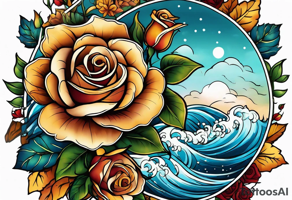 thigh tattoo with fall colors showing, small flowers, roses, water flow, and sky tattoo idea