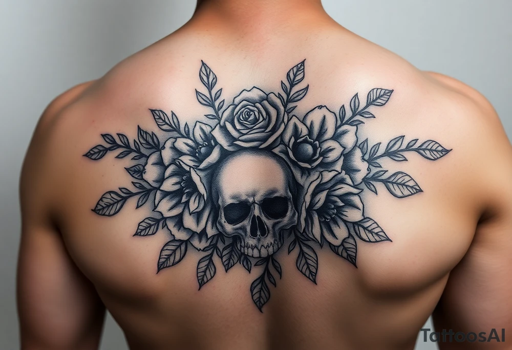 Dark gothic florals with skulls tattoo idea