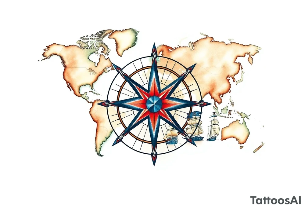 antique compass rose overlaid on weathered world map with sailing ships tattoo idea