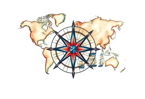 antique compass rose overlaid on weathered world map with sailing ships tattoo idea