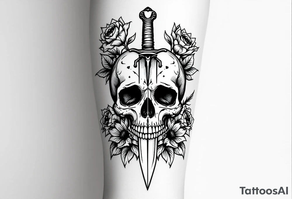Skull, heart piercing a dagger with roses and sunflowers tattoo idea