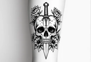 Skull, heart piercing a dagger with roses and sunflowers tattoo idea