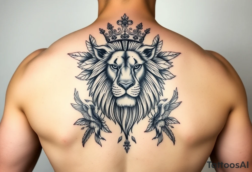 powerful majestic lion with a crown, surrounded by floral ornaments and birds tattoo idea