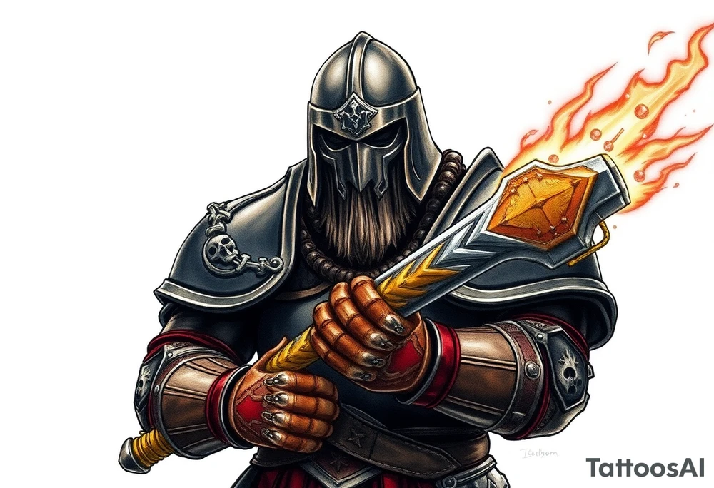Warhammer, the Old World. A warrior priest of Sigmar holding "The Warhammer of Sigmar" or known as Ghal Maraz. The Warhammer of Sigmar is radiating thunderous energy. The warhammer is held by the warrior priest with both gripping hands at the shaft, upon his chest level. The Warrior priest is wearing dark alloyed heavy armour (reference armor from warhammer vermintide 2 Victor Saltzpyres, the warrior priest of Sigmar class) with skull sigils on his shoulder pads. The warrior priest is wearing a helmet, while the helmets front visor has an humanoid metal face covering. The helmet and armour are gladened with hints of gold and crimson red. The Warhammer is silverish and golden with a long shaft with twisted carvings. tattoo idea