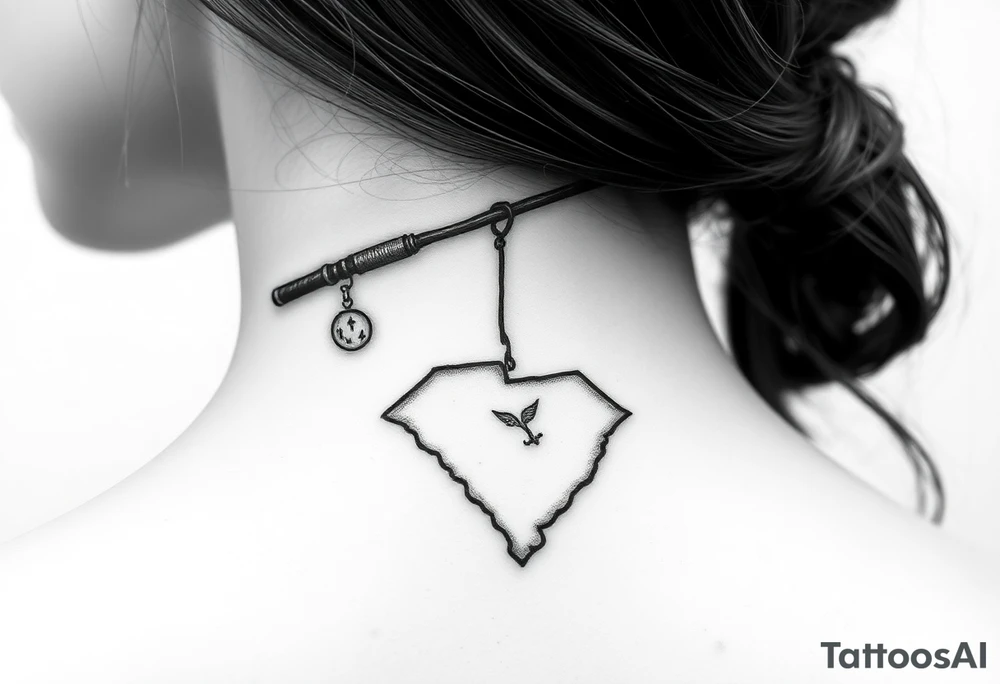 Old fishing rod with something showcasing South Carolina state dangling from top of the line tattoo idea