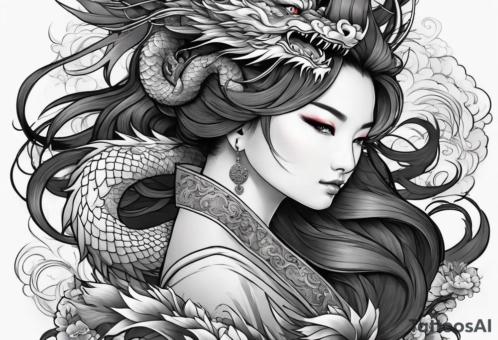 two Chinese dragons lady design tattoo idea