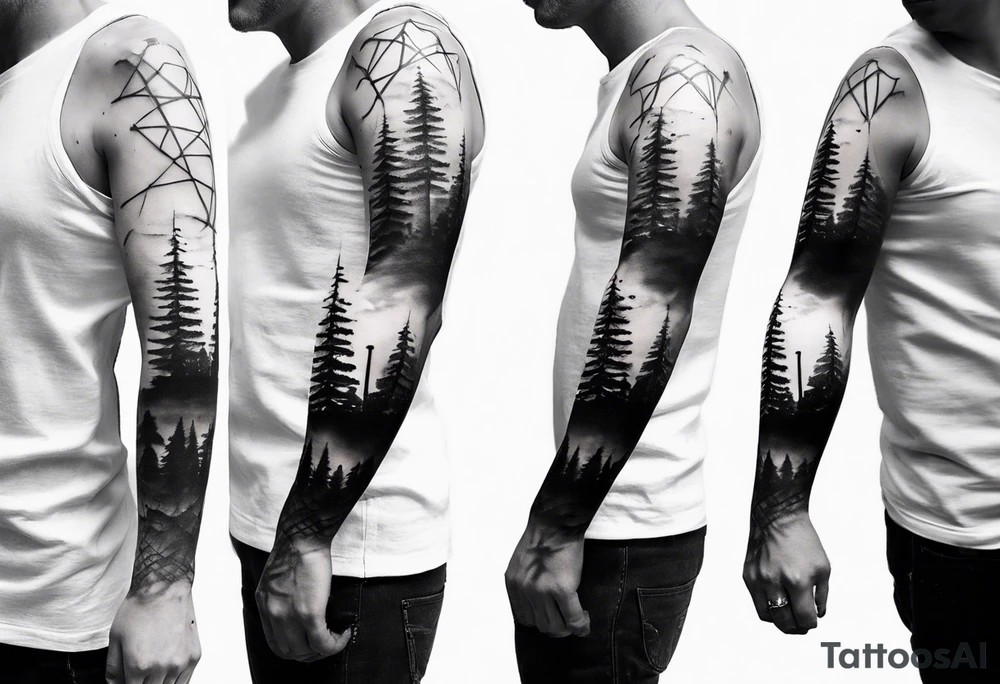 full arm sleeve tattoo a tree that looks like a DNA strand with a city skyline tattoo idea