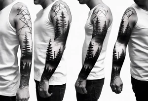 full arm sleeve tattoo a tree that looks like a DNA strand with a city skyline tattoo idea