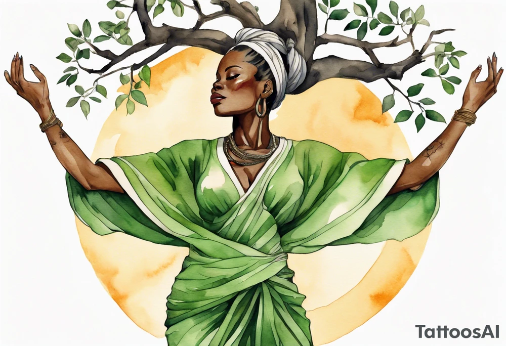 a tree trunk with roots that is a beautiful black woman from the waist up, arms reaching up to the sun, wearing a green tunic tattoo idea