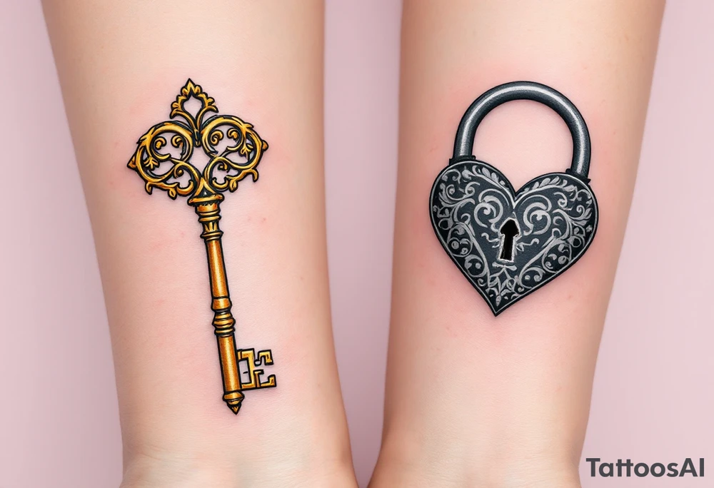 One has a vintage golden key with intricate filigree, and the other a heart-shaped lock in black and gray, matching on wrists or forearms. tattoo idea