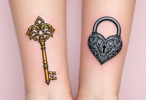 One has a vintage golden key with intricate filigree, and the other a heart-shaped lock in black and gray, matching on wrists or forearms. tattoo idea