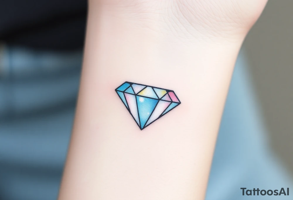 A small, geometric diamond outline with thin black lines, filled with soft gradients of light blue and pale pink, giving the illusion of sparkle and depth. The design is crisp and clean, symbolizing timeless elegance and strength. The colors should be subtle, with the diamond glowing softly in a minimalist style. tattoo idea