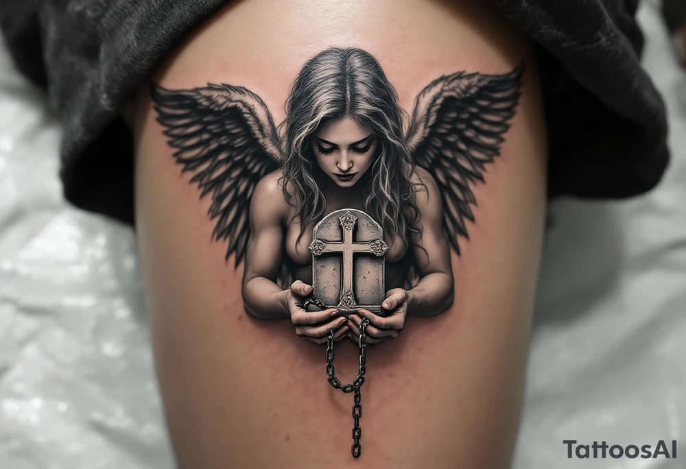 Angel hold headstone in hands with a cross chain hanging down with large wings tattoo idea