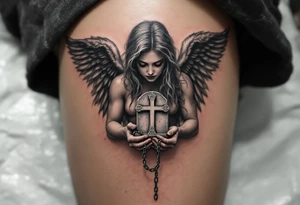 Angel hold headstone in hands with a cross chain hanging down with large wings tattoo idea