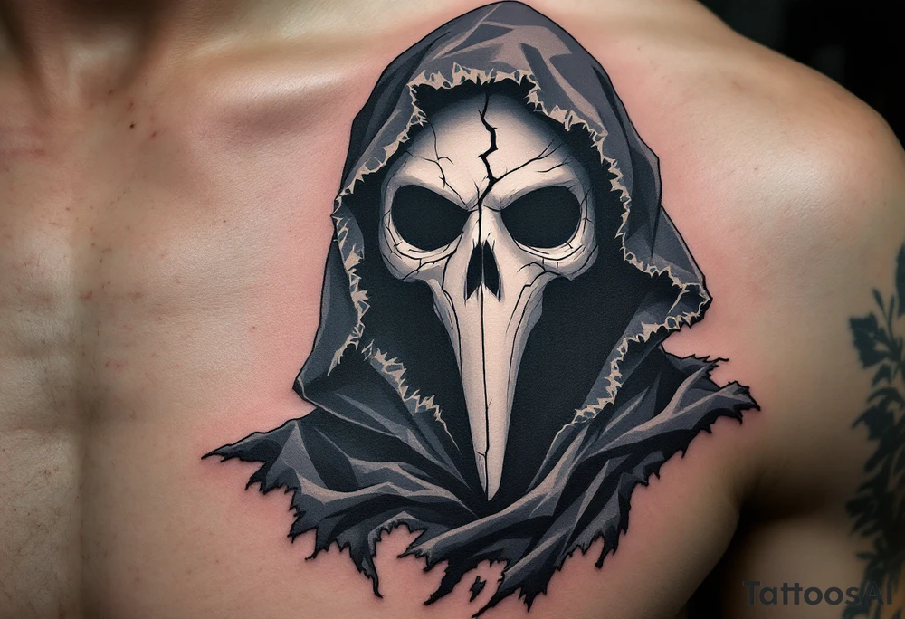 Plague Doctor with Broken Mask – A sinister plague doctor with tipical mask and a fractured porcelain-white mask, revealing hollow darkness beneath. The robes are dark gray with frayed edges, giving the figure an eerie, ghostly presence. tattoo idea
