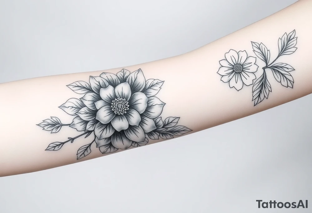 floral composition with japanese vibe, mutiple ornemental patern and leaf, dot geometric ornement, lycoris tattoo idea