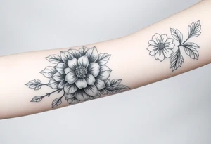floral composition with japanese vibe, mutiple ornemental patern and leaf, dot geometric ornement, lycoris tattoo idea