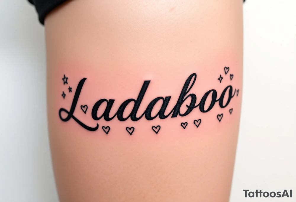 The name Ladaboo with stars and hearts around the name tattoo idea