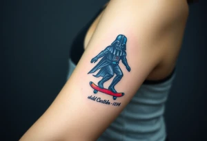 Darth Vader skateboarding >
blue & red
skateboard words "Darth Carter"
add date 12/29/88-01/06/24 tattoo idea