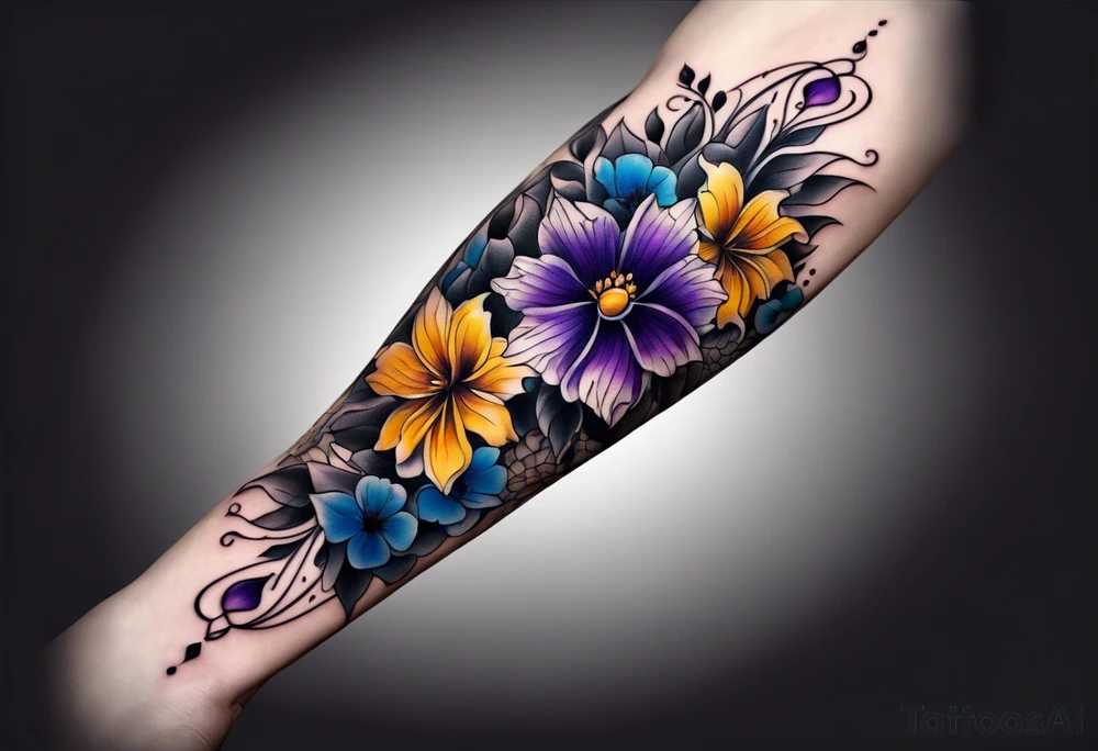 A cross with purple, yellow and blue flowers arm sleeve tattoo idea