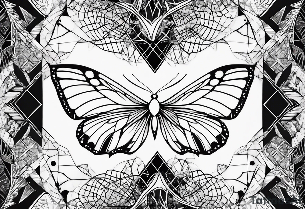 Thin Minimalistic butterfly on the background of indra’s diamond network tattoo idea