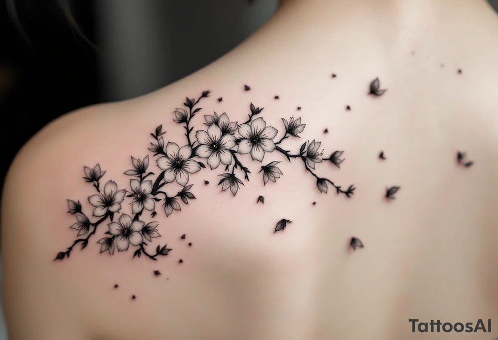 delicate cherry blossoms swirling in spring breeze with petals tattoo idea