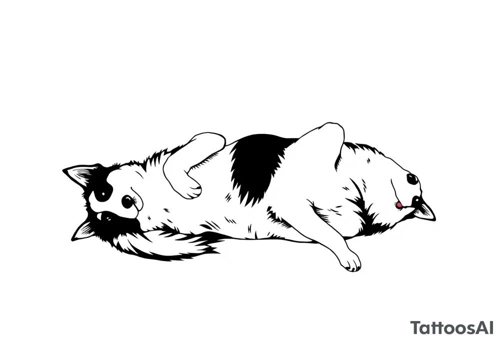 An illustration of a Border Collie tattoo in a minimalist feminine style. The design is elegant and delicate, created with a single continuous line, depicting the dog lying on its back, capturing the grace and character of the breed. tattoo idea